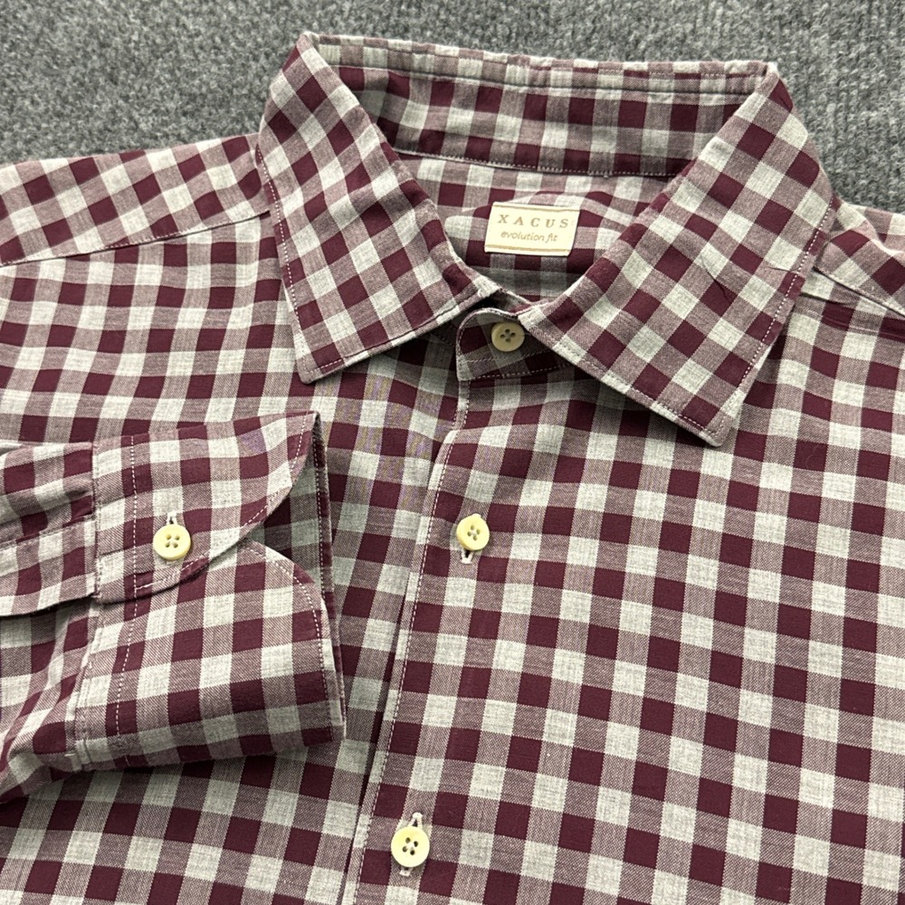 Xacus Evolution Fit Button Down Mens Large Burgundy Gingham Made in Italy Cotton